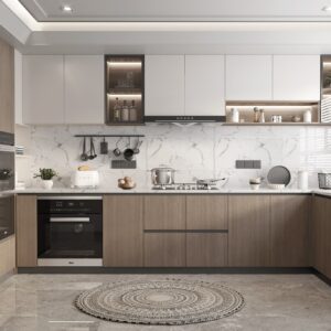 Tủ Bếp Chữ L - Màu Trắng Phối Gỗ